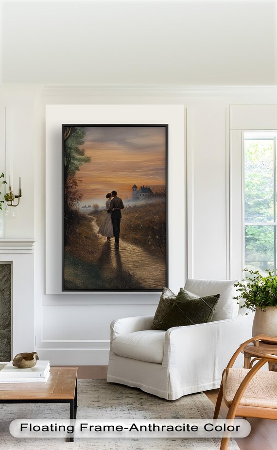 Romantic Couple at Sunset, Vintage Landscape Art Print