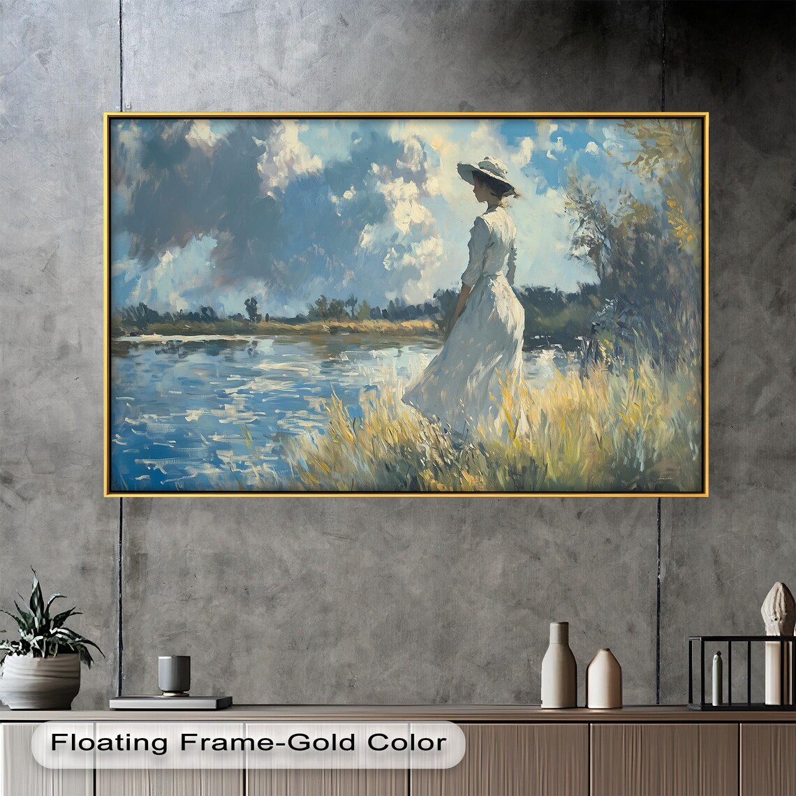 Woman By Lakeside, Elegant Nature Painting