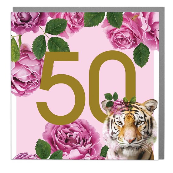 Tiger Rose Crown Gold 50th Milestone Happy Birthday Greeting Card Wall Art
