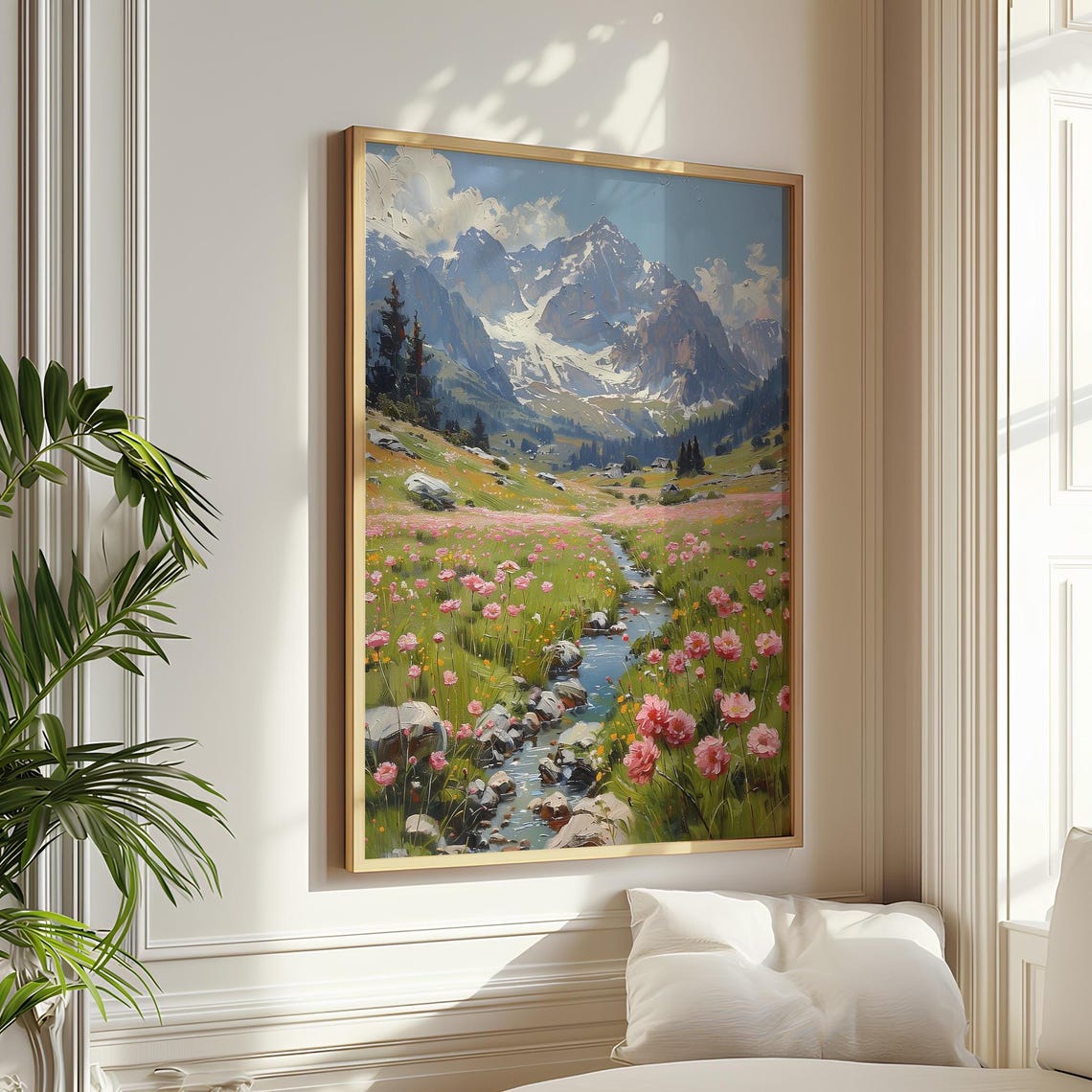 Spring Meadow Vintage Landscape, Mountain View Art Print - Image 2