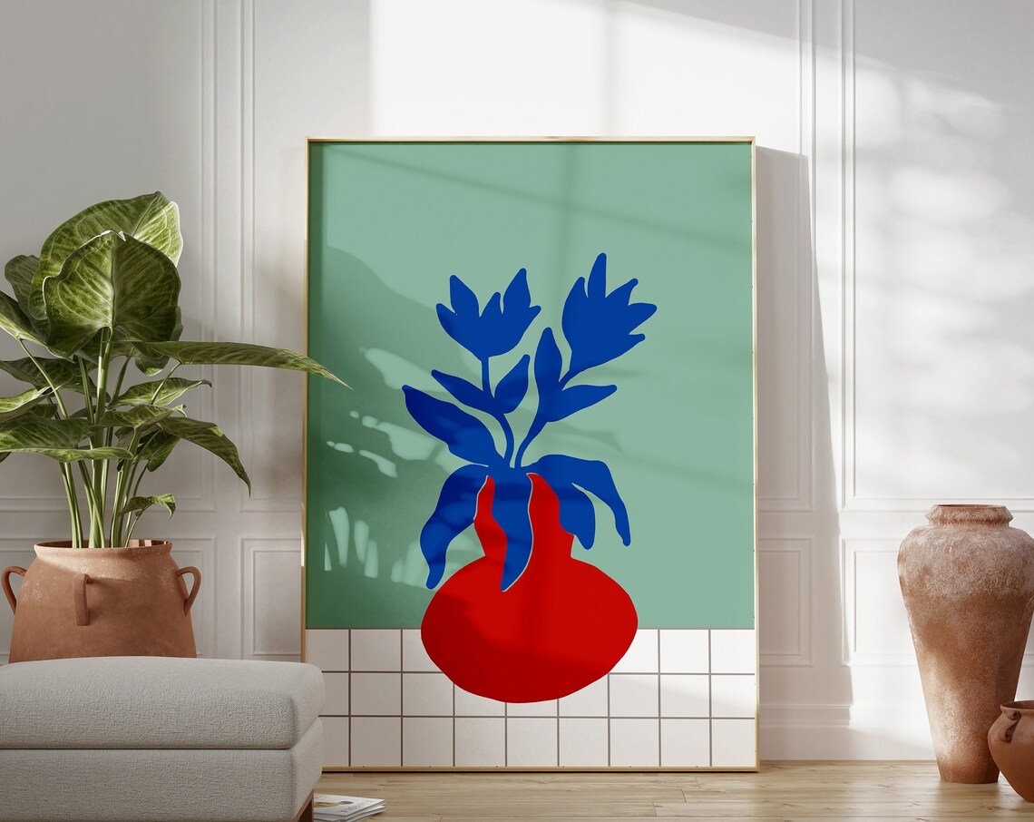 Abstract Botanical Blue Leaves Red Vase Modern Art Poster Color Block