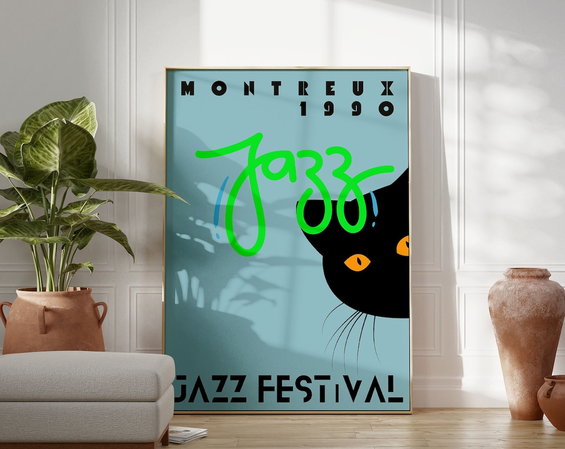 Vintage Jazz Music Festival Black Cat Art Print