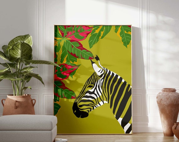 Zebra Wall Art Animal Illustration Print Preppy Room Decor Eclectic Green Poster Large Colorful