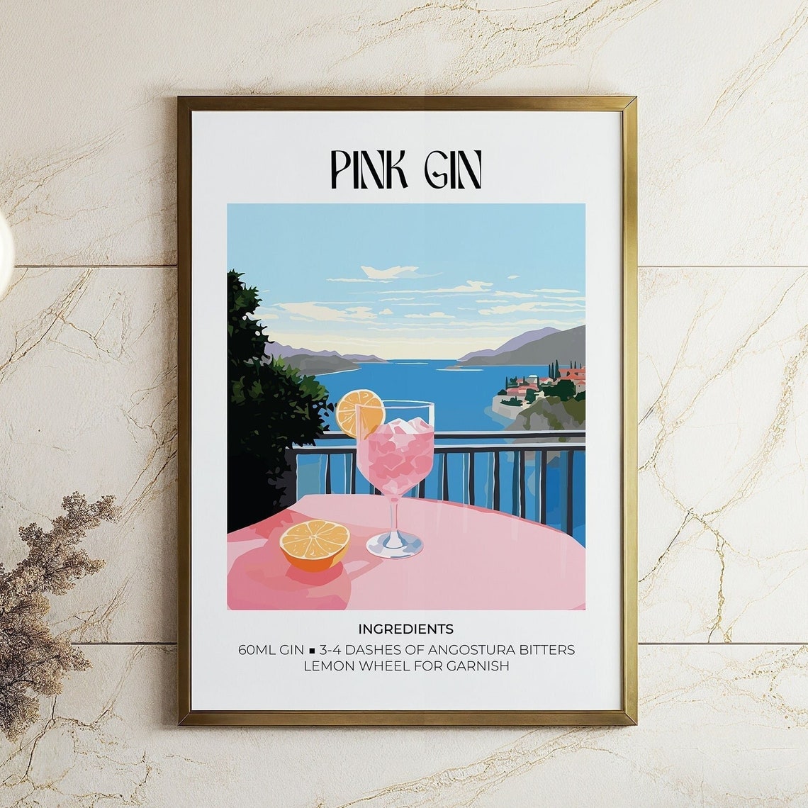 Pink Gin Cocktail Recipe Poster Seaside Terrace Vintage Bar Decor - Image 4