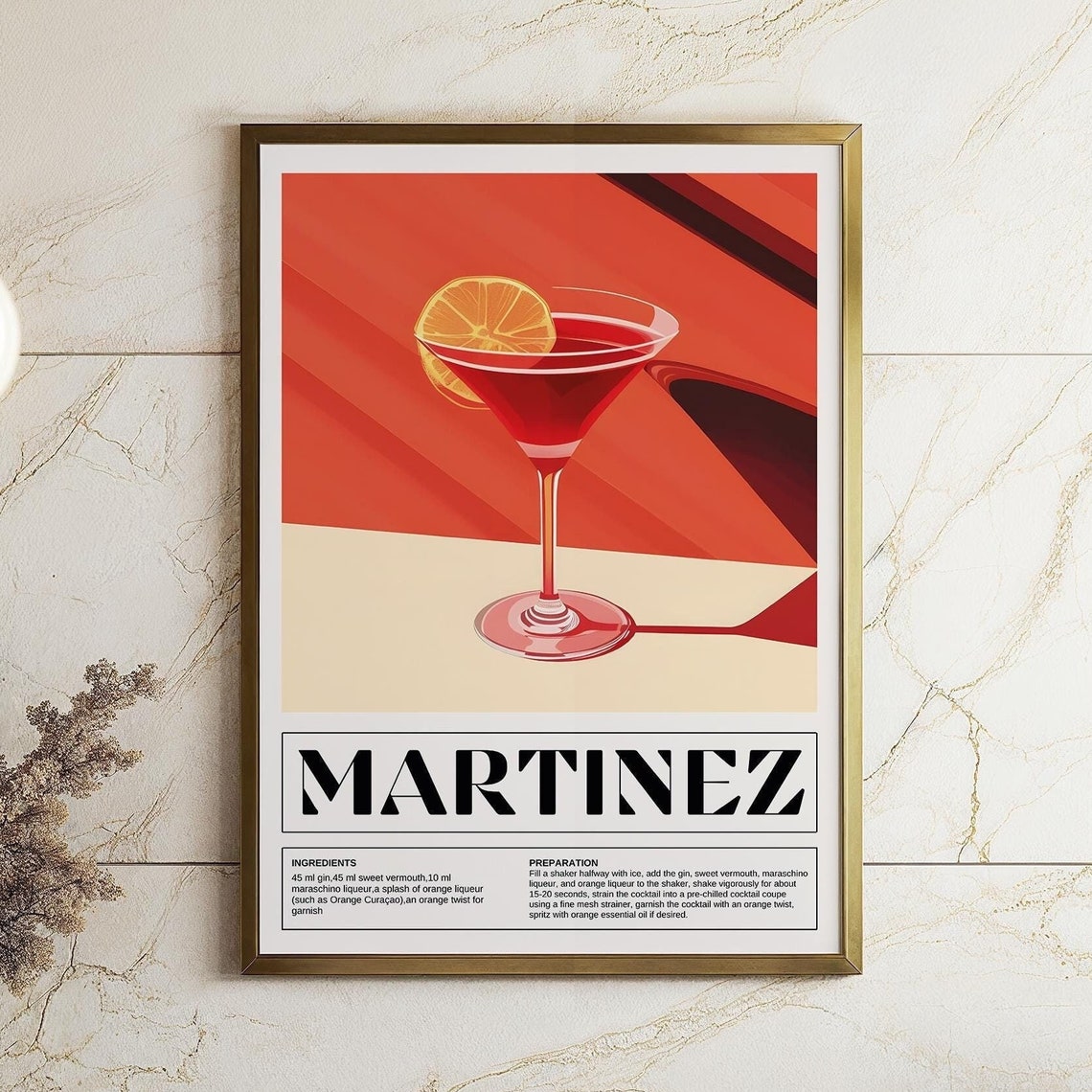 Martinez Cocktail Recipe Classic Red Drink Kitchen Bar Poster