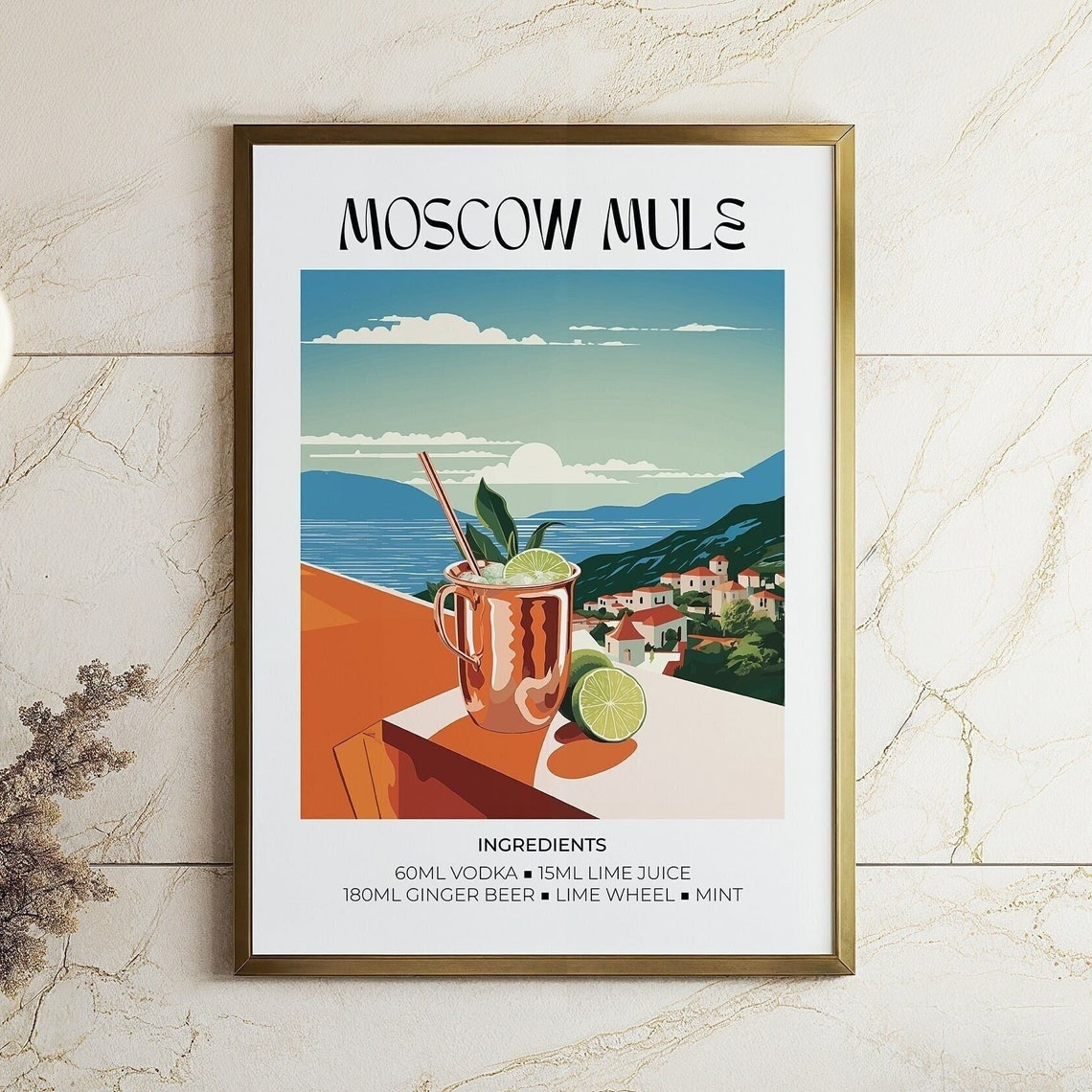Moscow Mule Cocktail Recipe Copper Mug Vintage Kitchen Bar Art Print