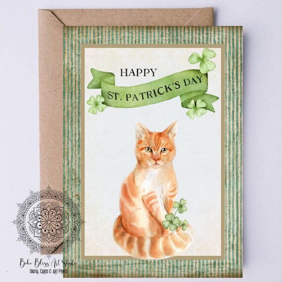 Happy St Patricks Day Orange Tabby Cat Shamrocks Watercolor Card Print