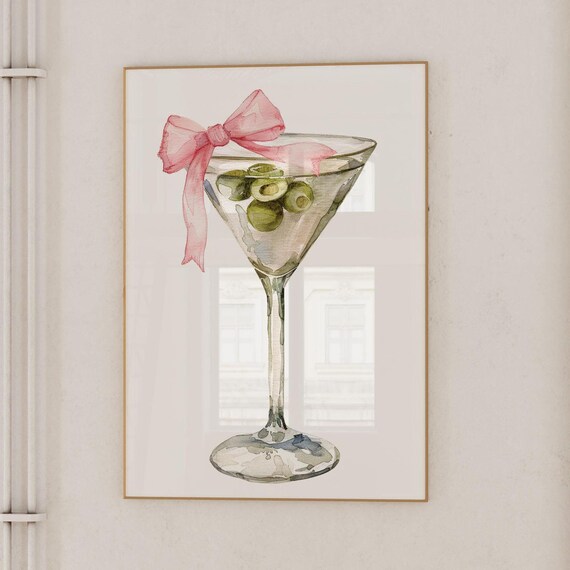 Dirty Martini Watercolor Cocktail Glass With Pink Ribbon Bow Art Poster