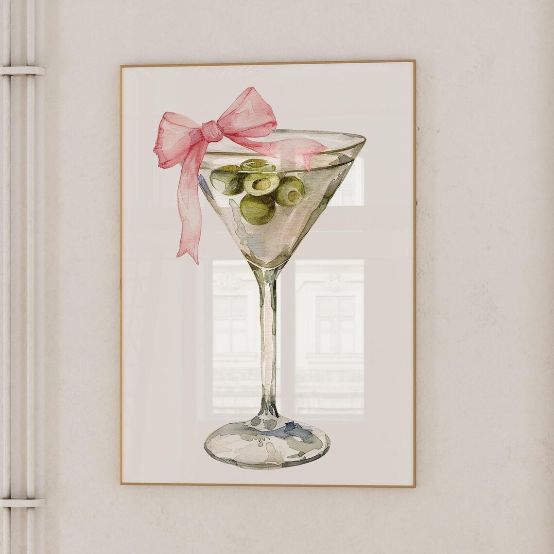 Dirty Martini Watercolor Cocktail Glass With Pink Ribbon Bow Art Poster