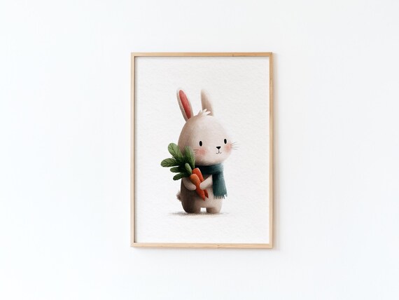 Sweet Baby Bunny Holding Carrots Wearing Teal Scarf Nursery Poster