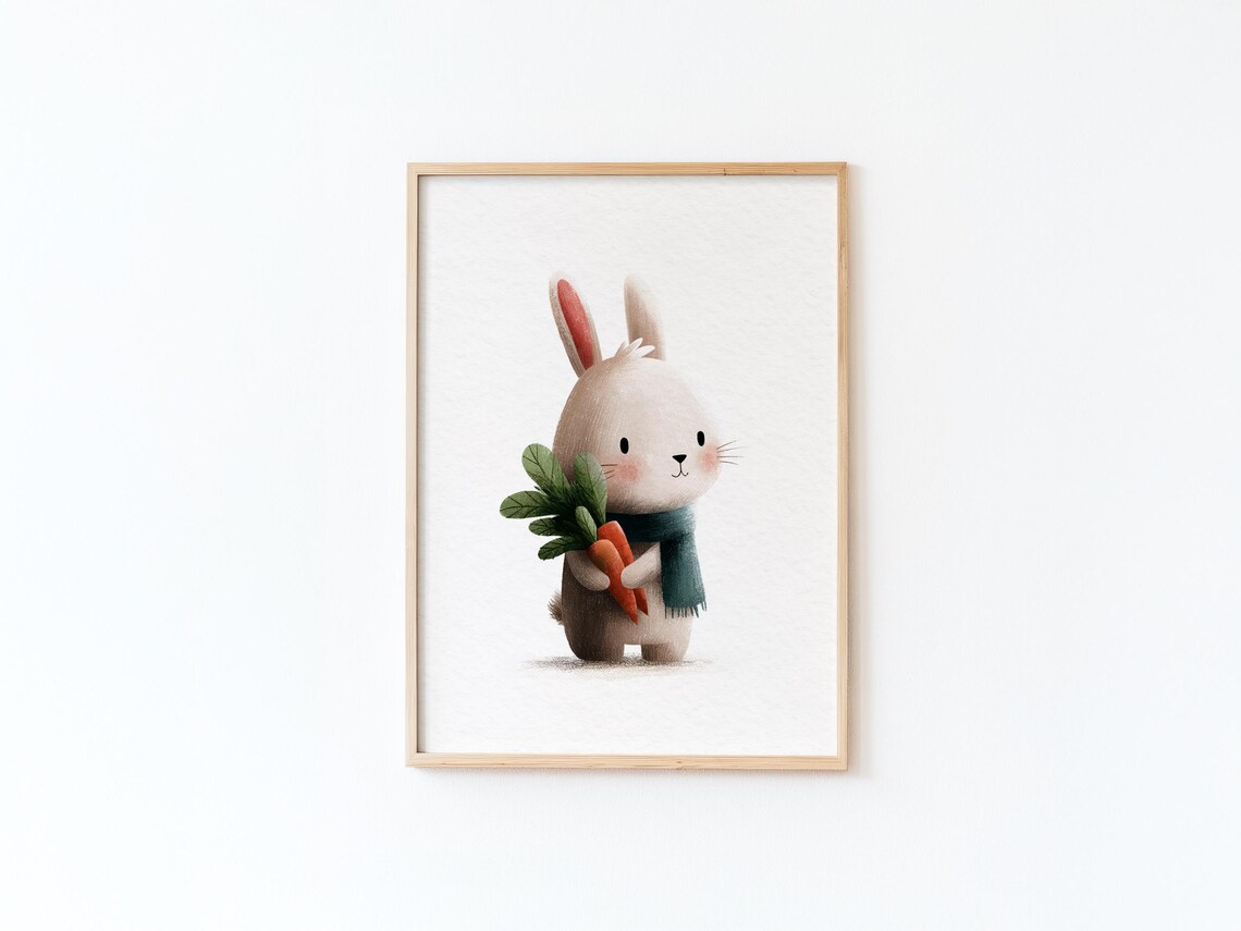 Sweet Baby Bunny Holding Carrots Wearing Teal Scarf Nursery Poster