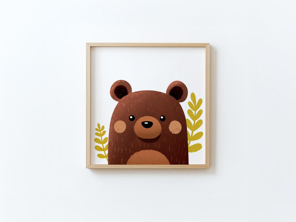 Adorable Brown Bear Face With Leafy Accents Nursery Art Poster