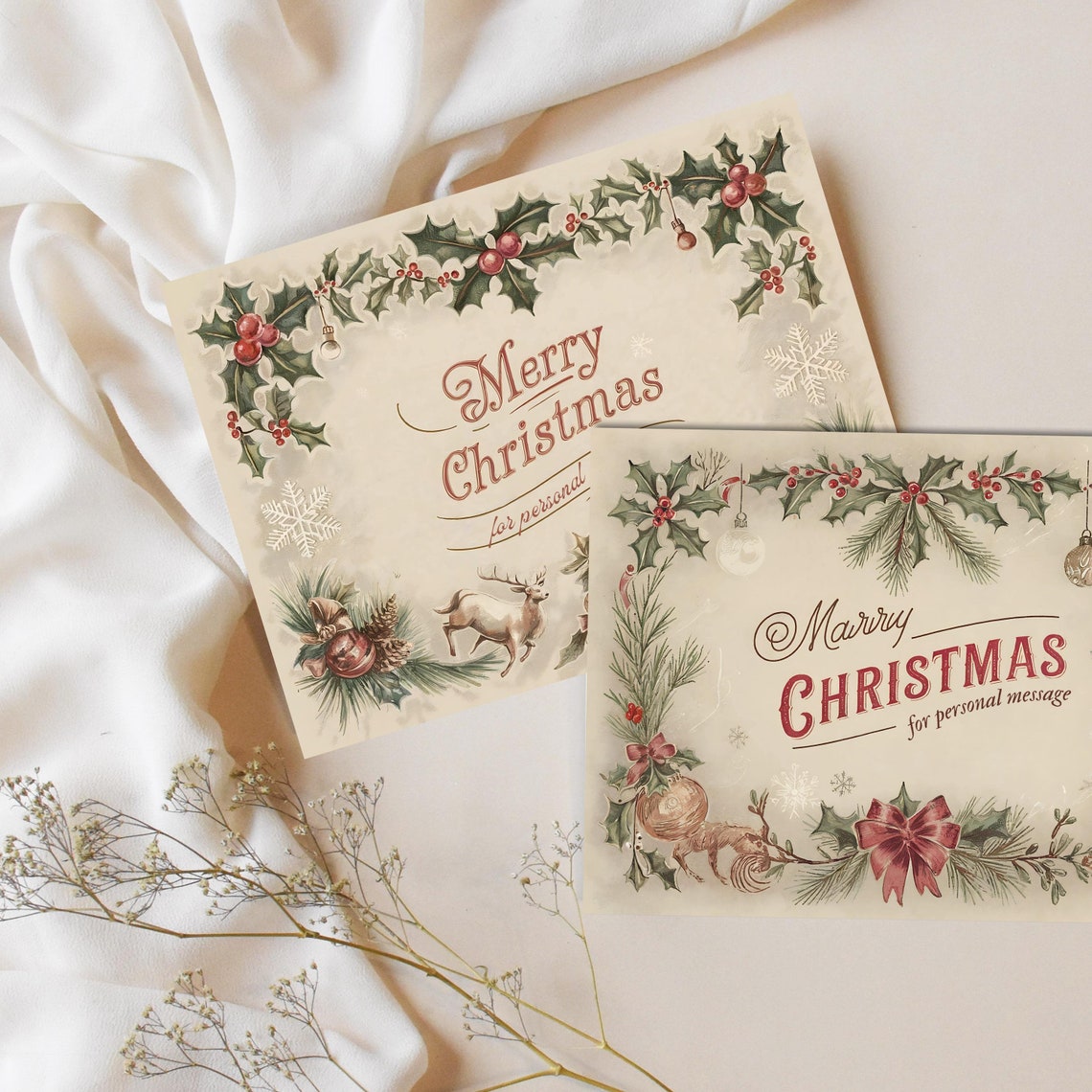 Vintage Merry Christmas Cards Holly Border Personal Message Print