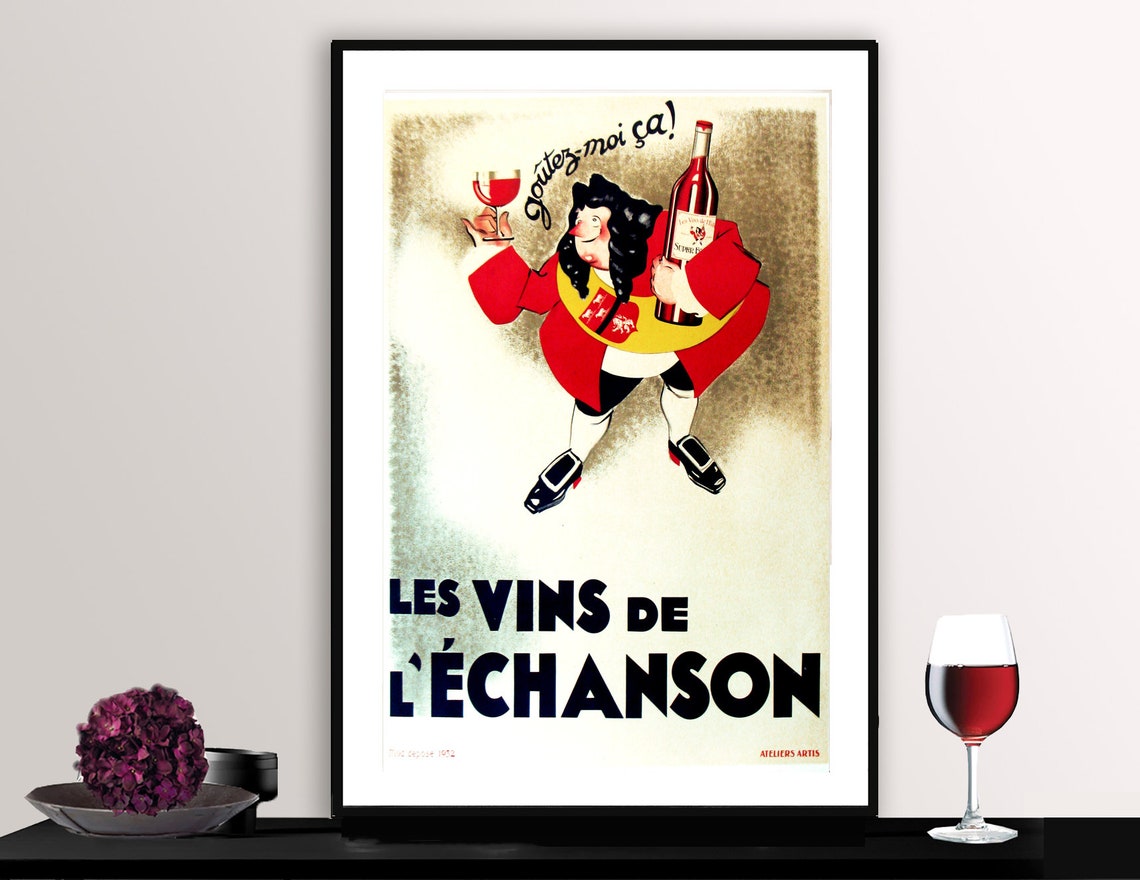 Vintage French Les Vins de LEchanson Wine Merchant Poster Art