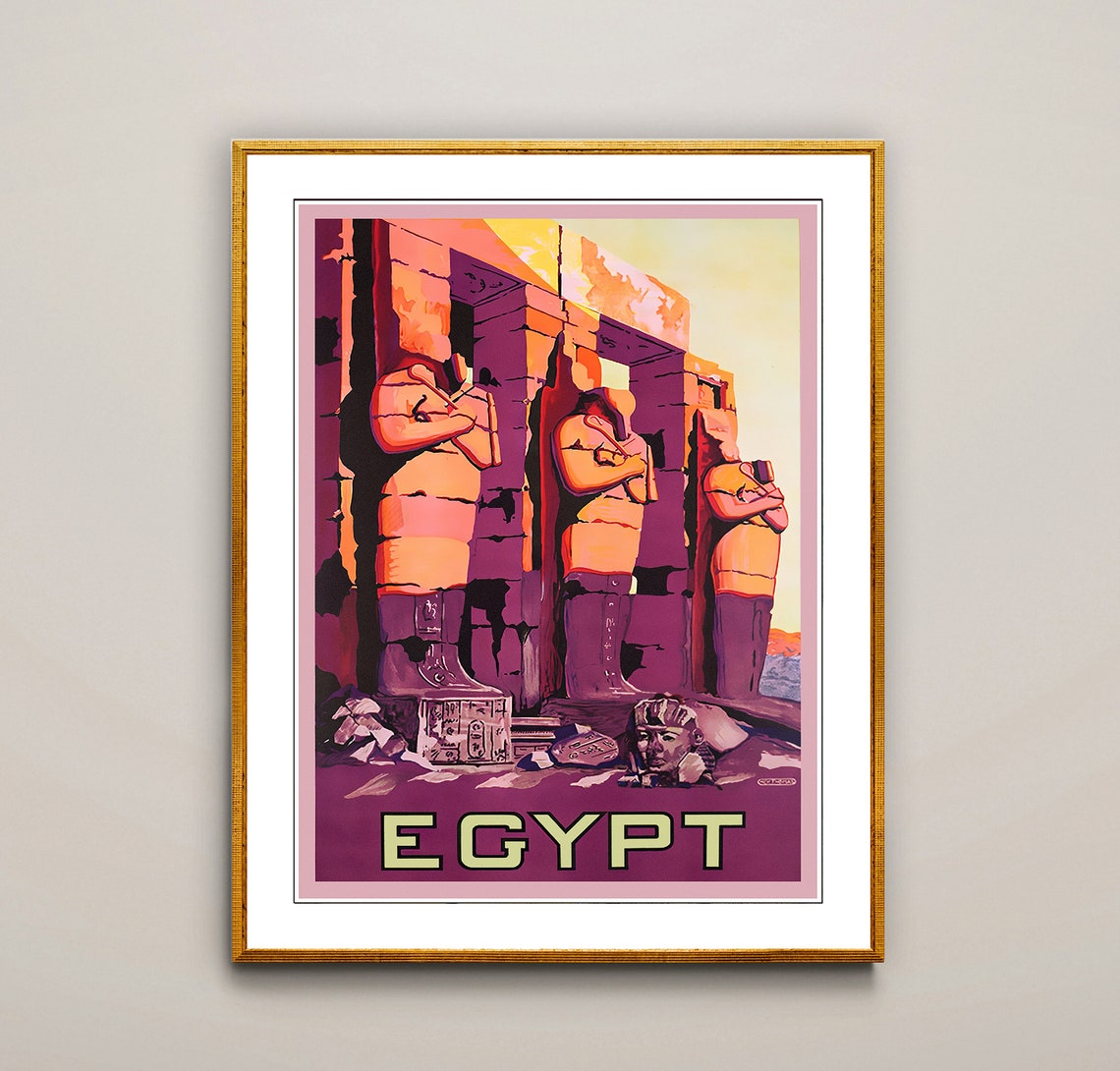 Egypt Vintage Ancient Pharaoh Temple Statues Ruins Travel Poster