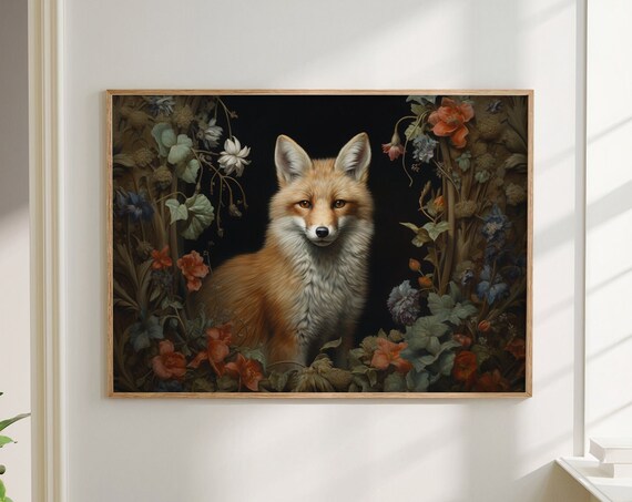 Red Fox Portrait Framed by Dark Floral Blooms on Black Poster