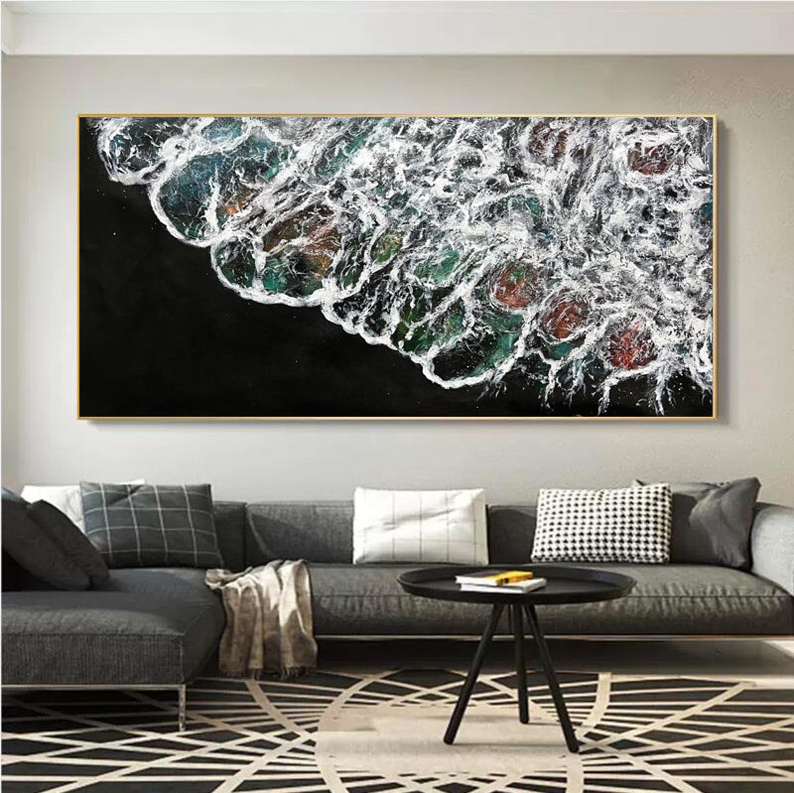 Ocean Foam Waves Swirling On Dark Background Aerial View Art Poster - Image 3