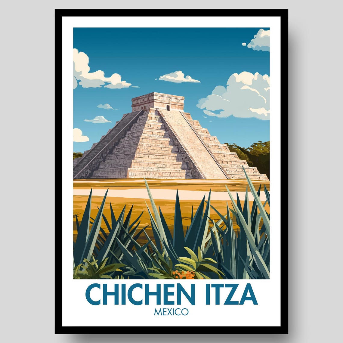 Chichen Itza Mexico Pyramid Agave Plants Classic Travel Style Poster