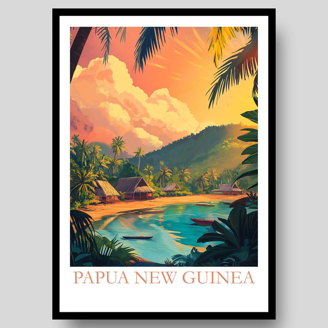 Papua New Guinea Beach Huts Canoes Palm Trees Tropical Travel Poster