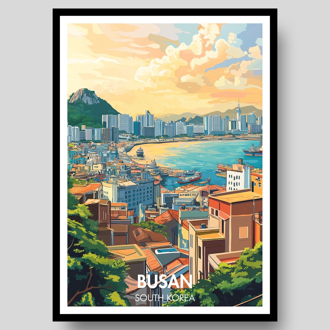 Busan South Korea Harbor Sunset City Skyline Travel Art Poster