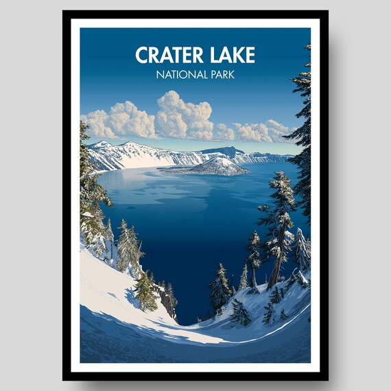 Crater Lake National Park Winter Wonderland Blue Lake Art Poster