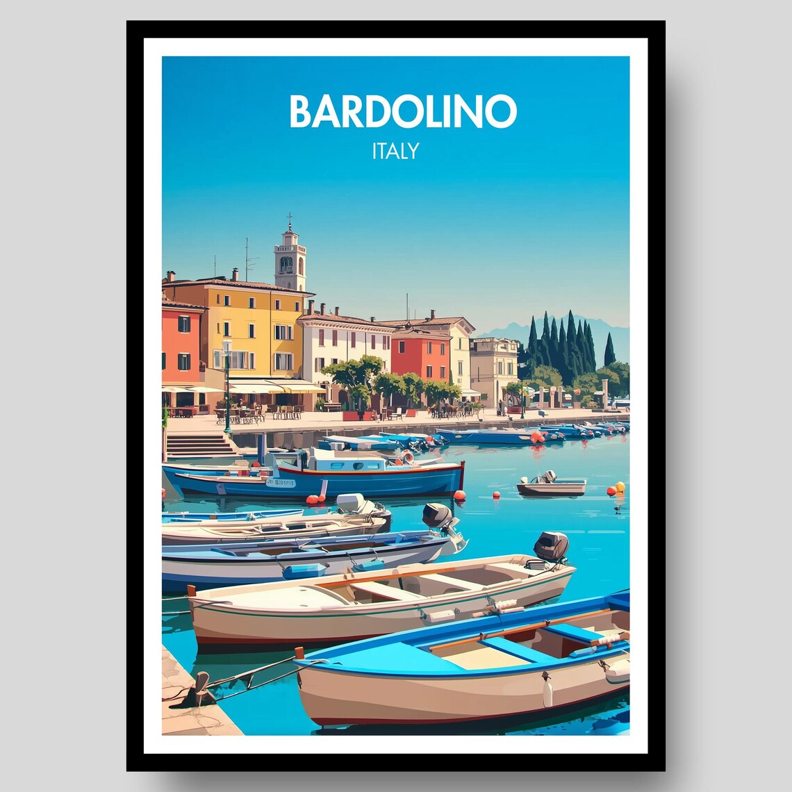 Bardolino Italy Lake Garda Harbor Boats Colorful Village Travel Poster