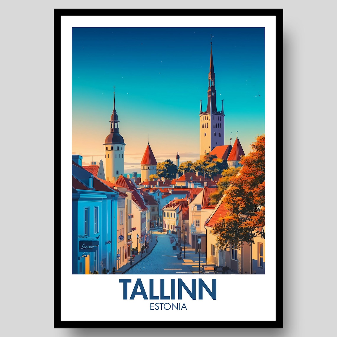 Tallinn Estonia Old Town Sunset Street Church Towers Travel Poster