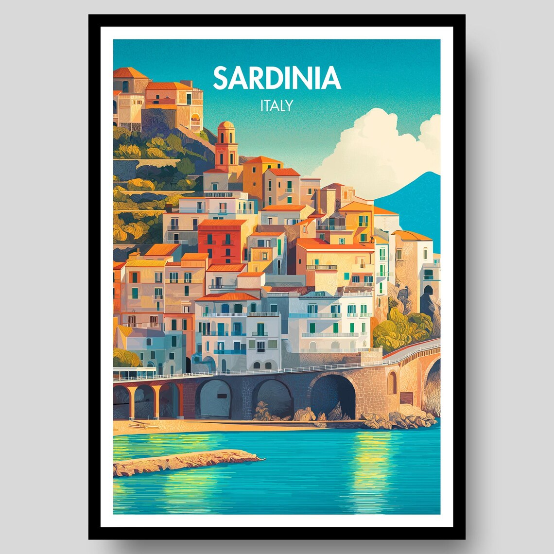 Sardinia Italy Hillside Coastal Town Turquoise Sea Vintage Poster