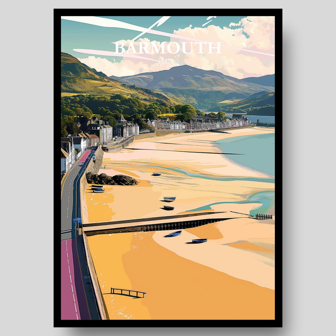 Barmouth Wales Sandy Beach Boats Mountain Coastline Travel Poster