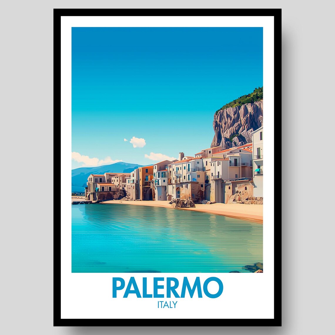 Palermo Italy Turquoise Bay Beachfront Old Town Travel Poster Art