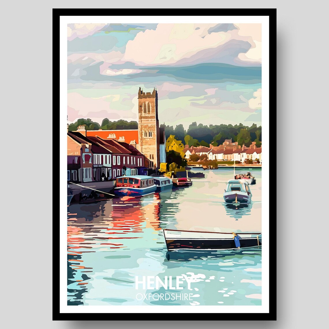 Henley Oxfordshire Riverside Church Boats Vintage Travel Poster