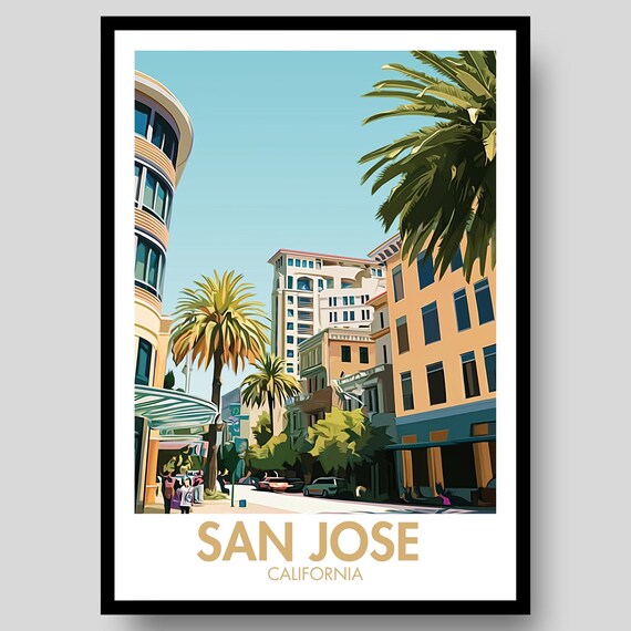 San Jose California Sunny Downtown Street Palm Trees Poster Art