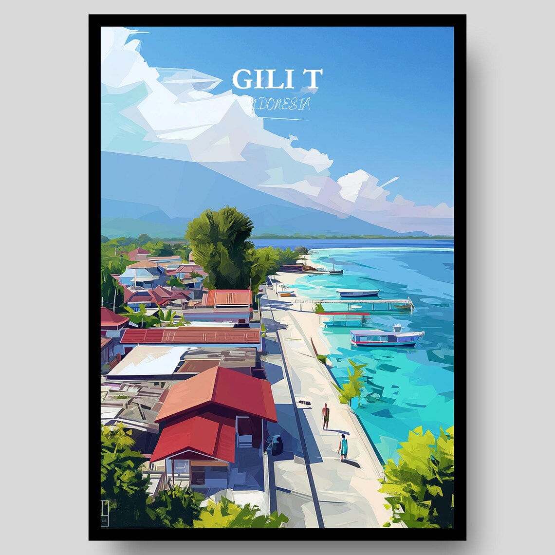 Gili Trawangan Indonesia Beach Road Boats Vintage Travel Poster