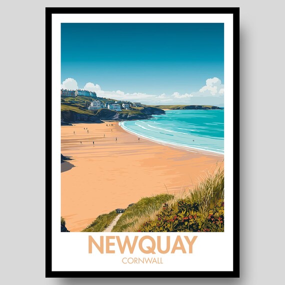 Newquay Cornwall Golden Beach Surf Travel Poster Turquoise Waves