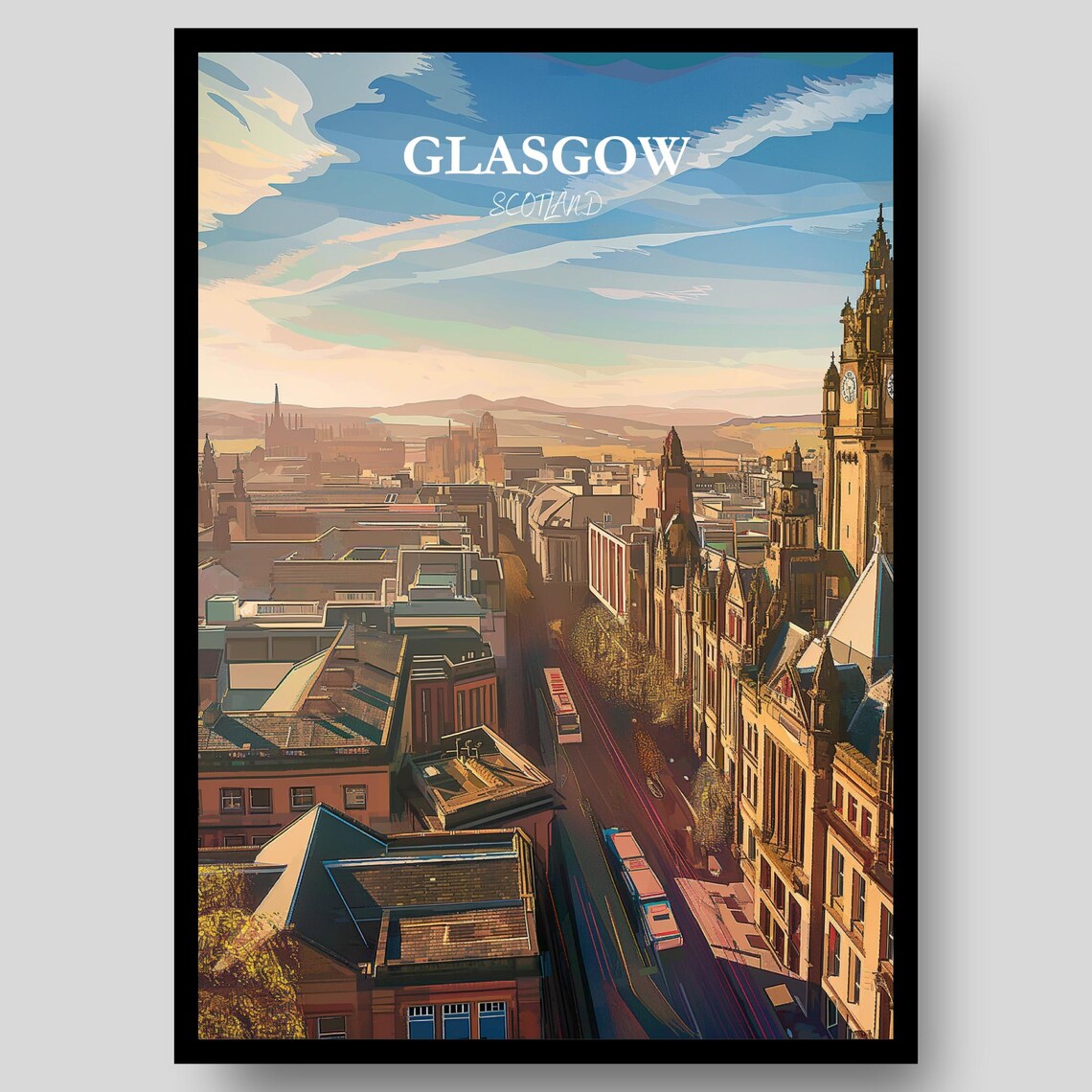Glasgow Scotland City View Clock Tower Golden Hour Street Poster