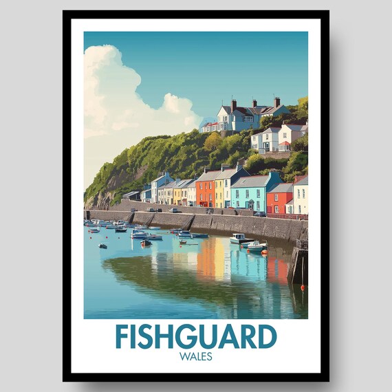 Fishguard Wales Colorful Harbor Houses Retro Travel Illustration Poster
