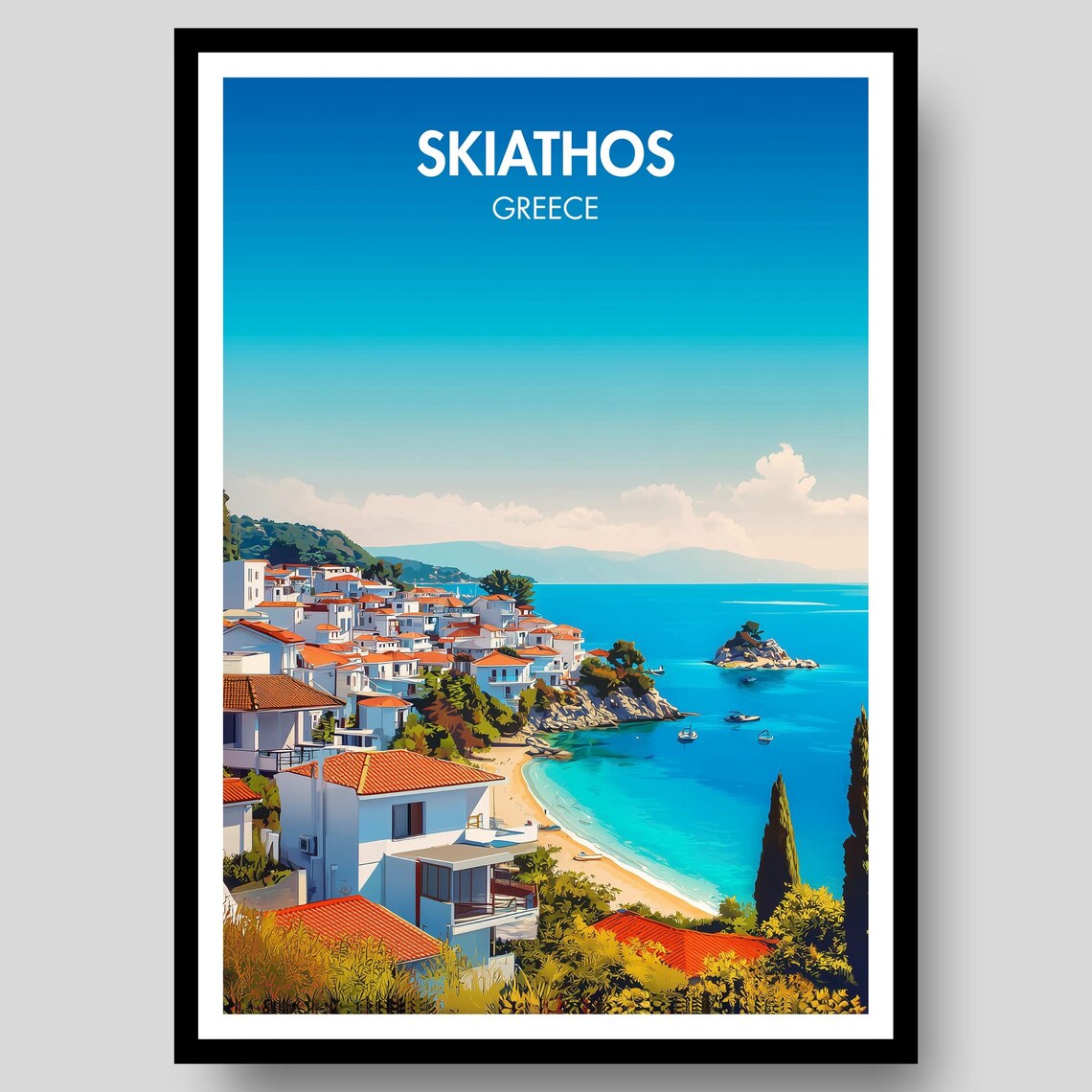 Skiathos Greece Aegean Beach Vintage Travel Poster Island Town View
