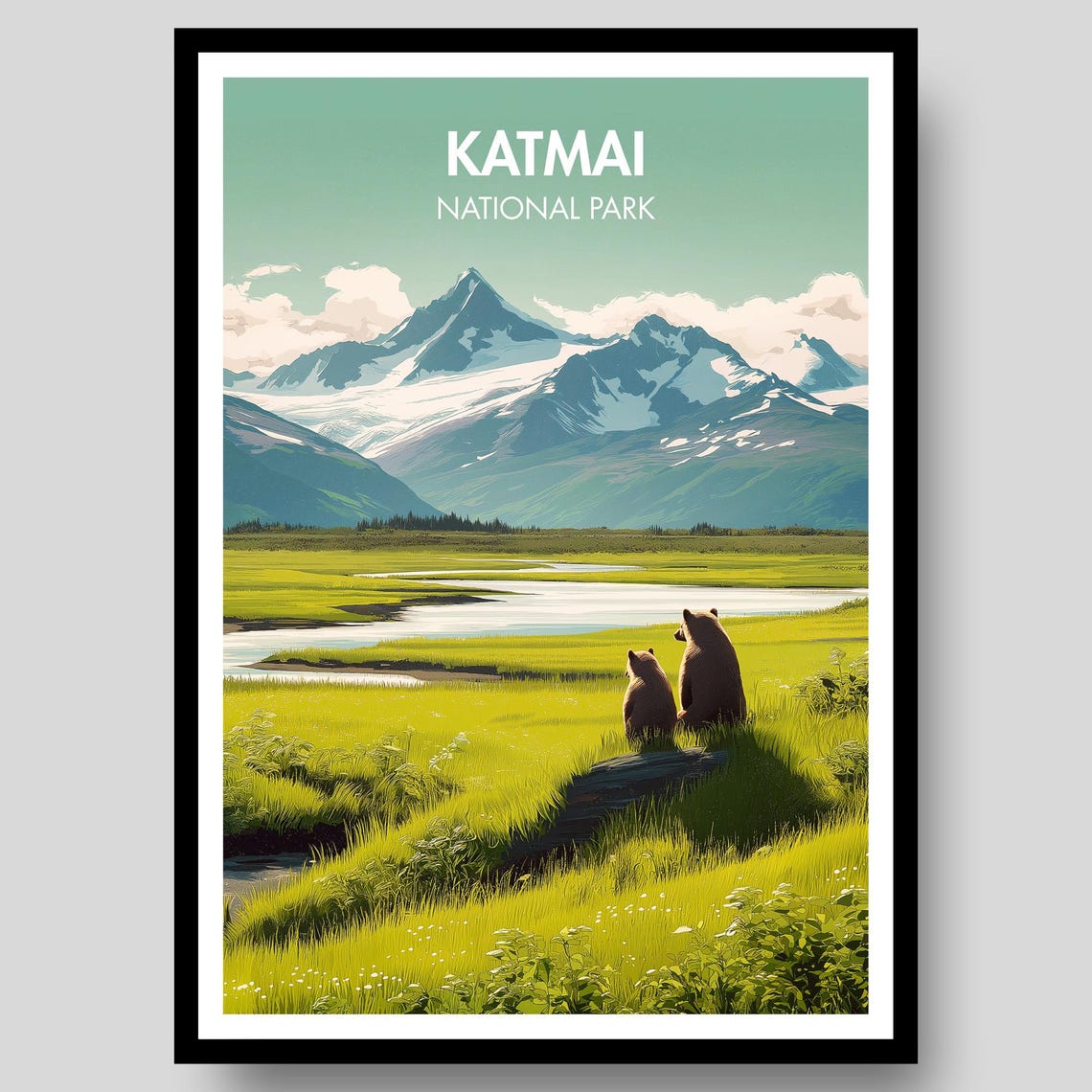 Katmai National Park Alaska Grizzly Bears Valley Vintage Art Poster
