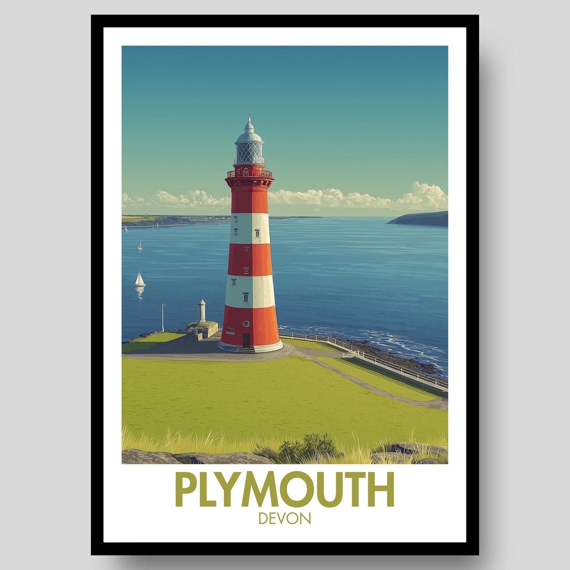 Plymouth Smeatons Tower Lighthouse Coastal Devon Travel Poster