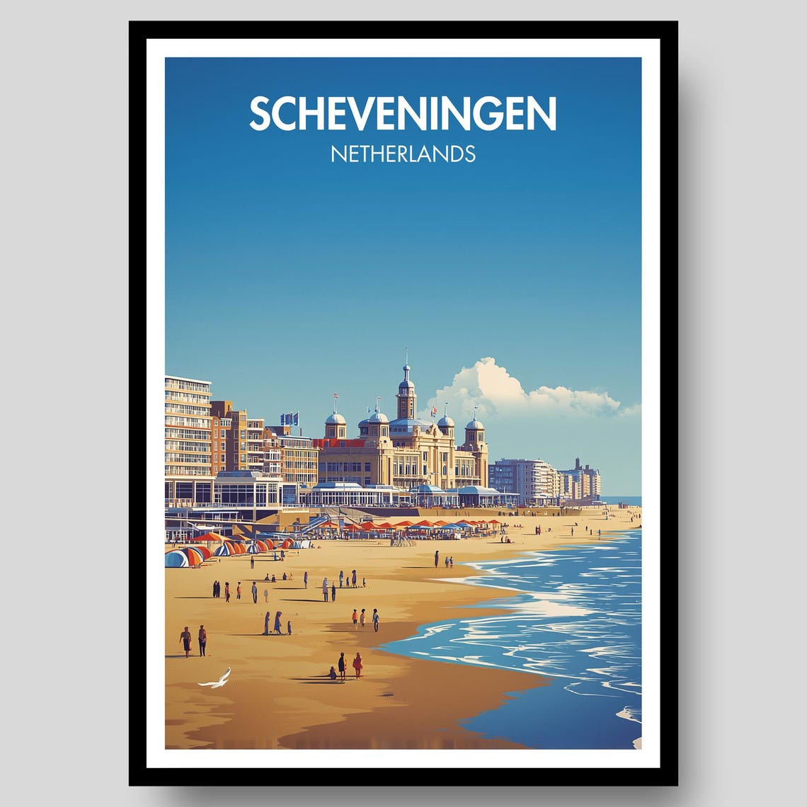Scheveningen Netherlands Beach Vintage Travel Poster Blue Sky Design