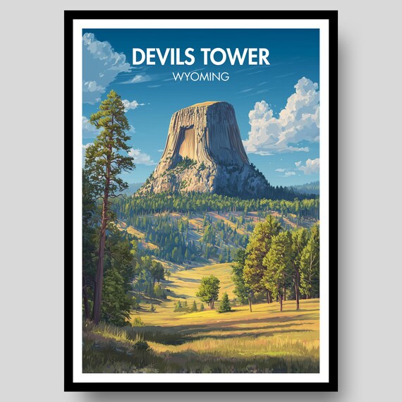 Devils Tower Wyoming Butte Pines Blue Sky Scenic Travel Poster