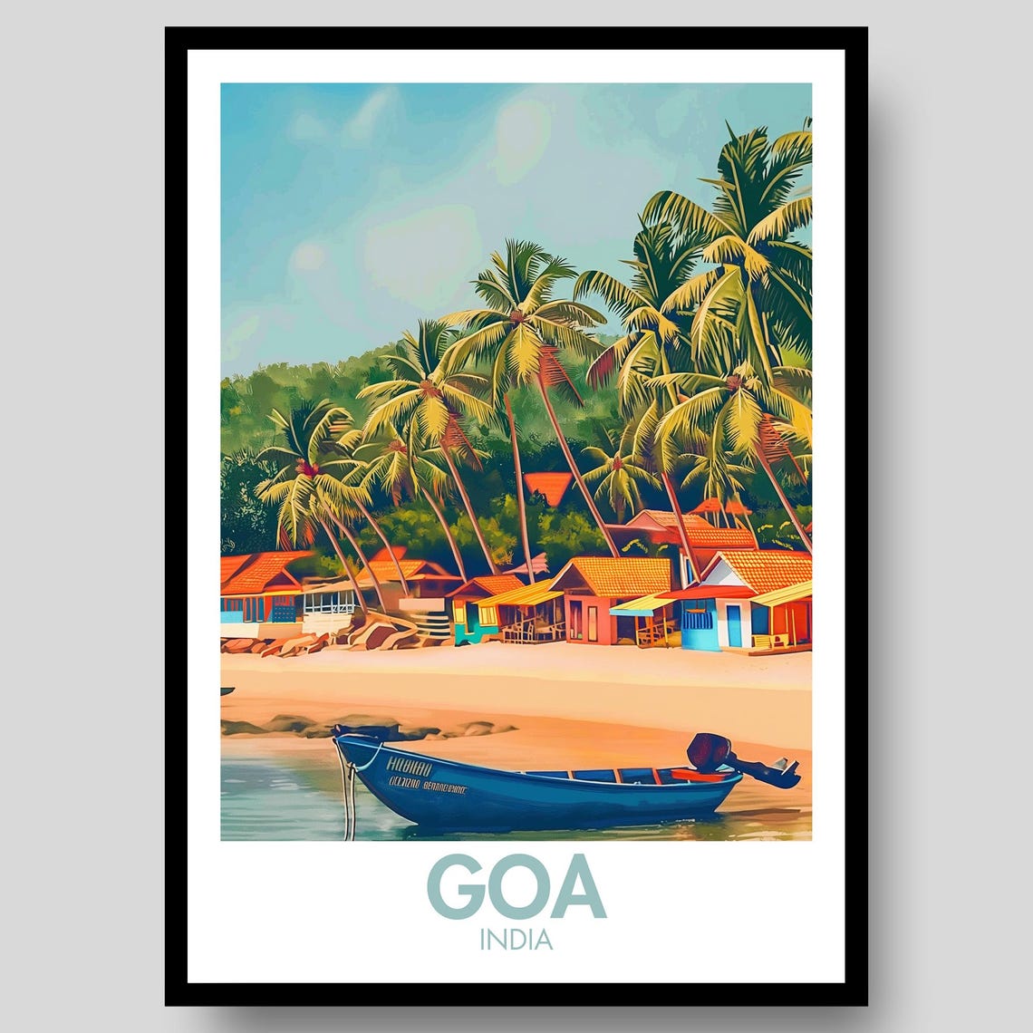 Goa India Tropical Beach Scene With Palms And Blue Boat Poster
