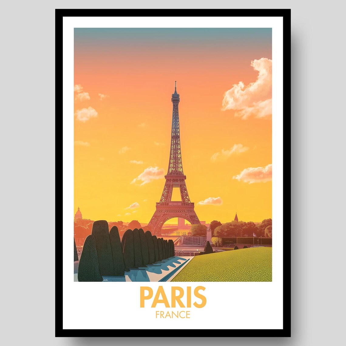 Paris France Eiffel Tower Golden Sunset Skyline Travel Poster