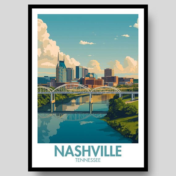 Nashville Tennessee River Bridge Skyline Retro Art Travel Poster