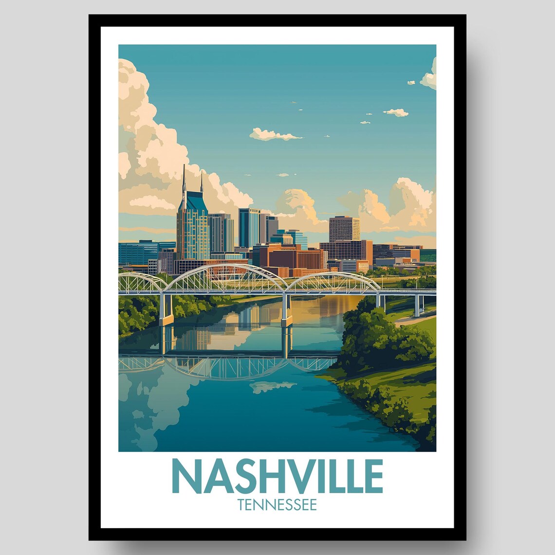 Nashville Tennessee River Bridge Skyline Retro Art Travel Poster