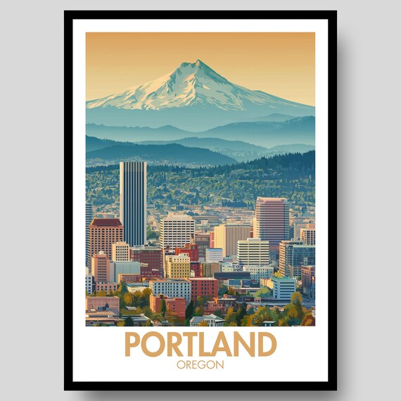 Portland Oregon Skyline Mount Hood Snow Peak Vintage Travel Poster