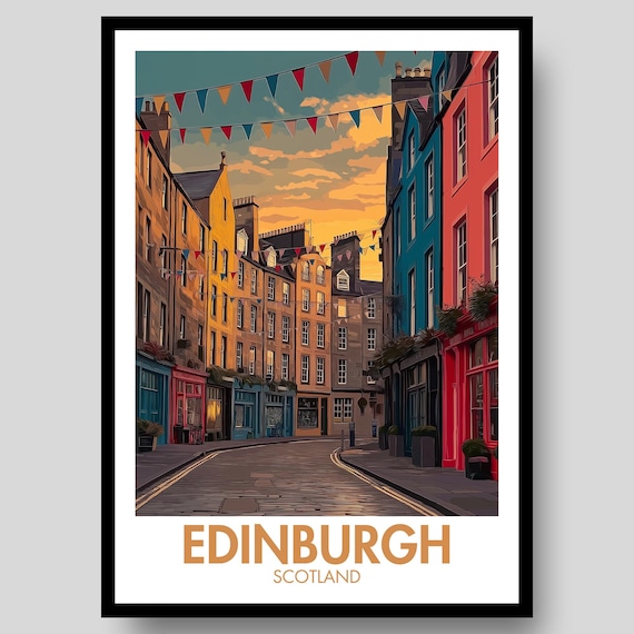 Edinburgh Scotland Old Town Bunting Sunset Street Vintage Travel Poster