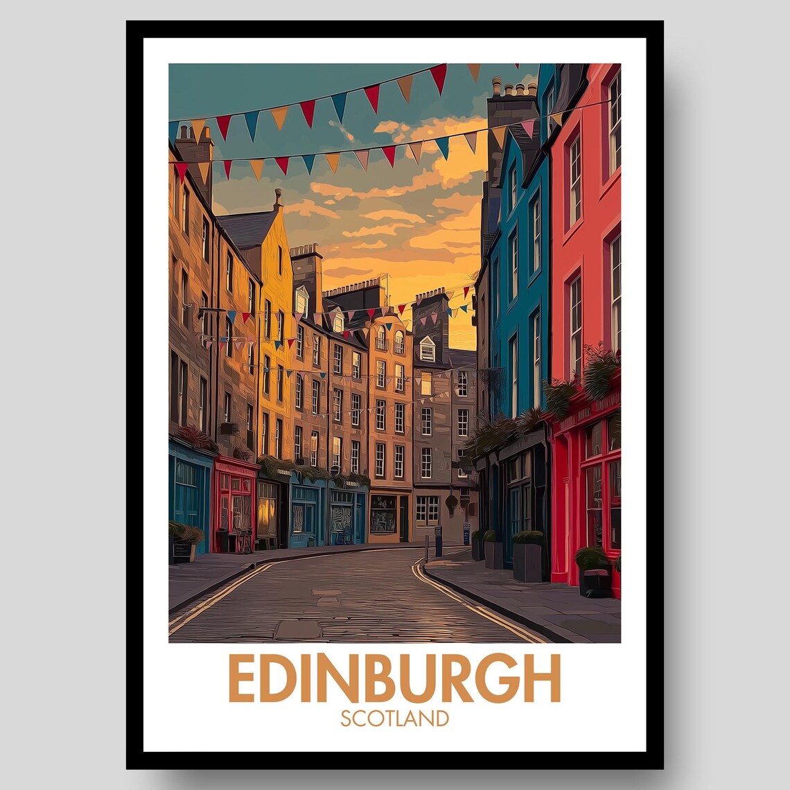 Edinburgh Scotland Old Town Bunting Sunset Street Vintage Travel Poster