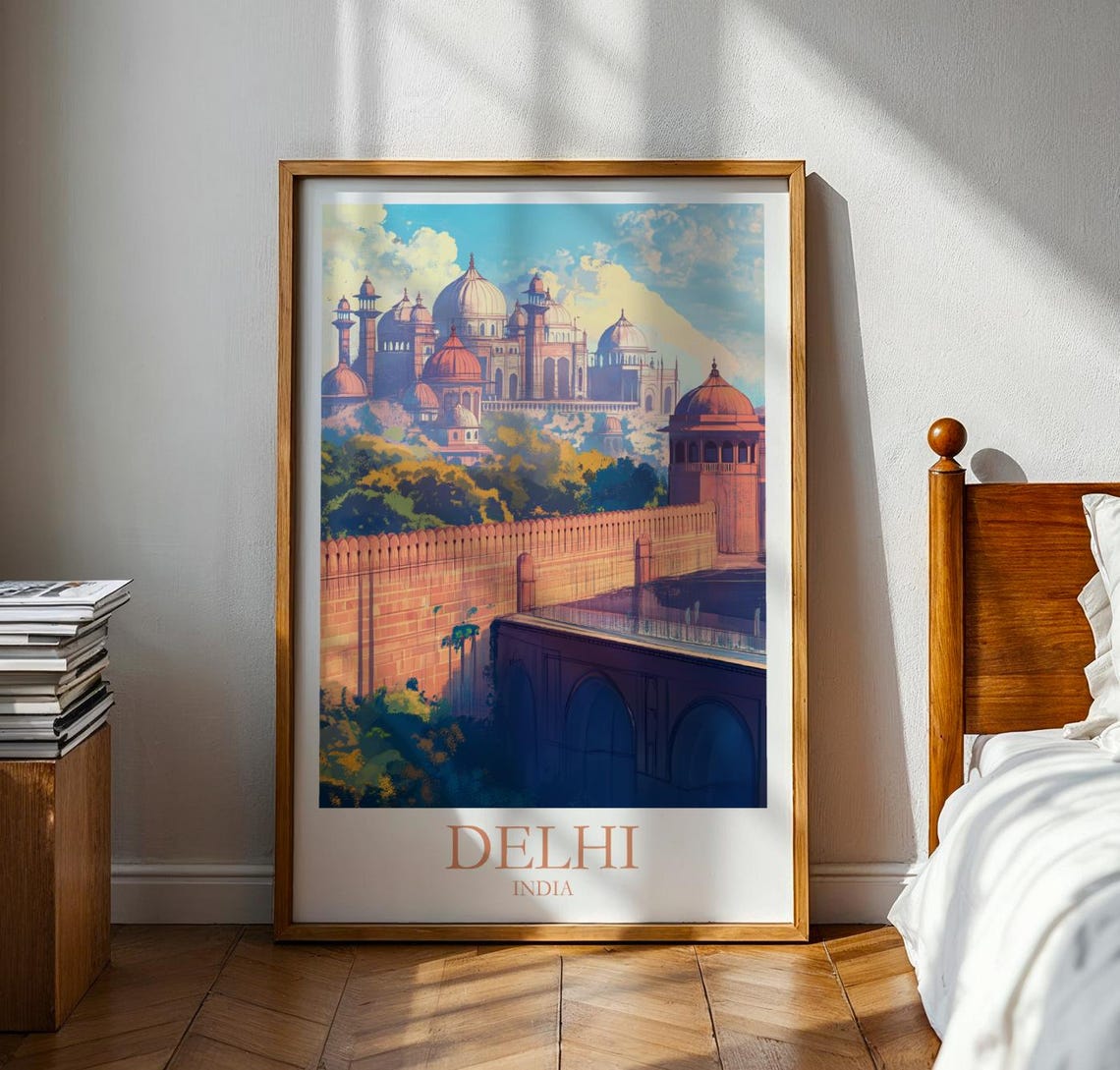 Delhi India Domed Palace Red Sandstone Fort Walls Travel Poster