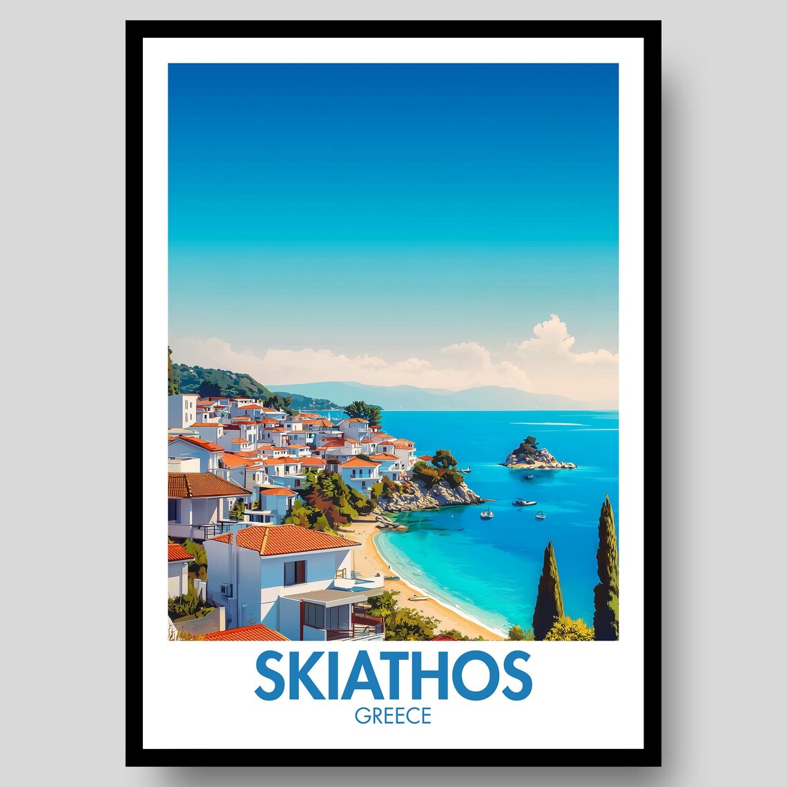 Skiathos Greece Island Beach Vintage Travel Poster Whitewashed Town Art